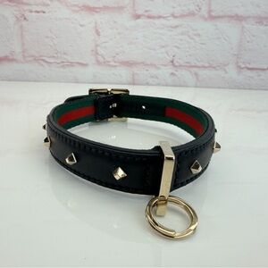 Gucci Web Black Studded Leather Dog Collar 13-15”